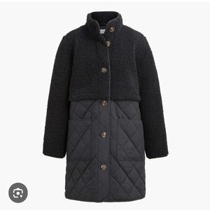J. Crew Factory Mixed Media Black Quilted and Sherpa Coat